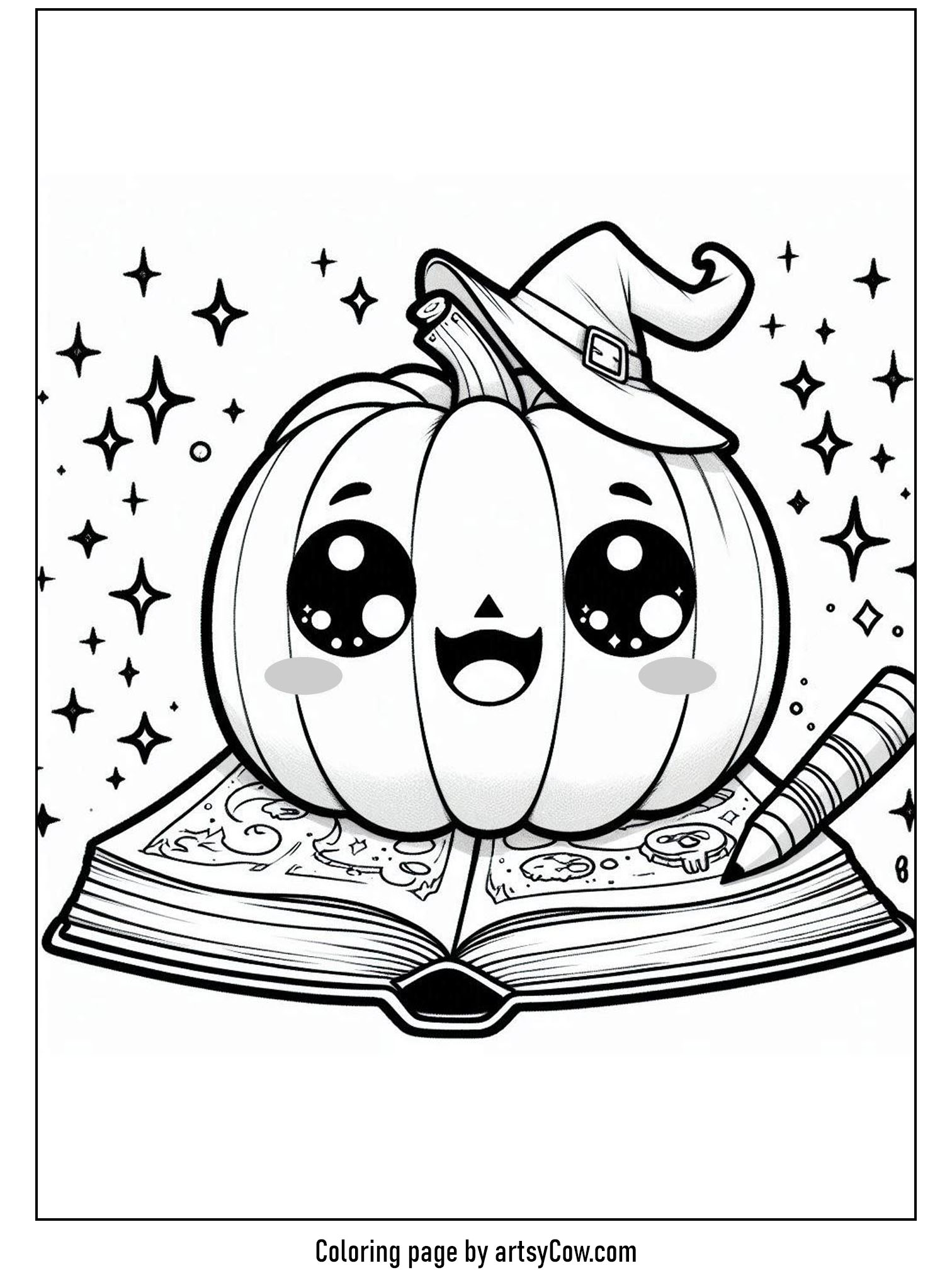 halloween coloring pages with jack-o-lantern featuring a smiling jack-o-lantern sitting on an open book with magical symbols, wearing a witch's hat, and surrounded by stars.